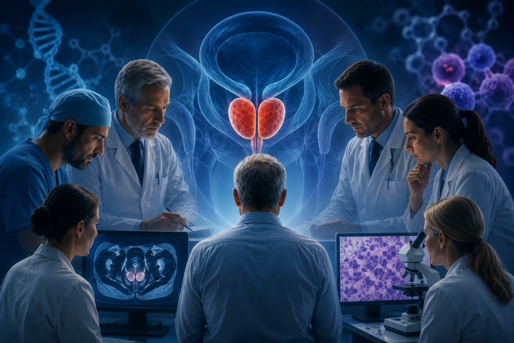 Multidisciplinary team planning high-risk prostate cancer treatment with imaging, pathology and tumour biology