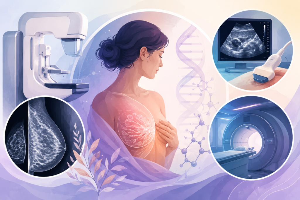 Breast cancer screening medical illustration showing mammography, ultrasound, breast MRI and genetic information used to guide breast cancer screening.