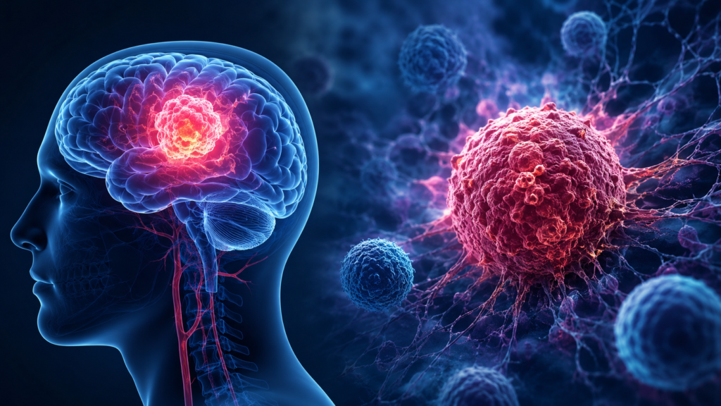 Brain cancer Melbourne illustration showing a brain tumour and molecular tumour cells
