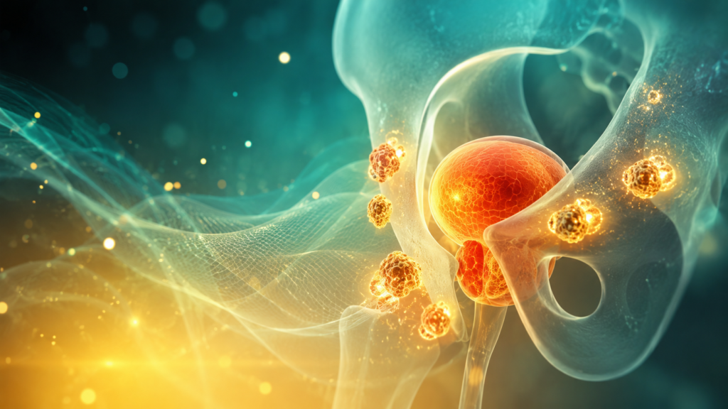 Metastatic prostate cancer illustration showing prostate cancer and bone metastases in the pelvis
