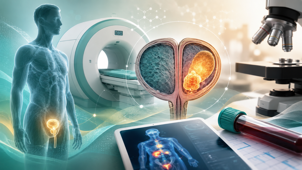 High PSA illustration showing PSA blood testing, prostate MRI, pathology and advanced prostate cancer imaging