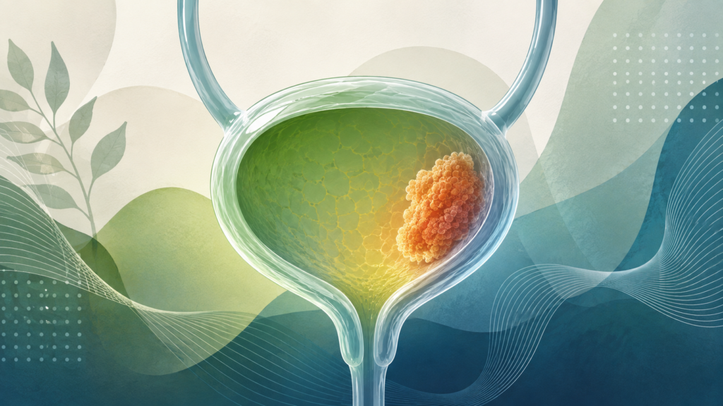 Illustration of T1 bladder cancer in Melbourne showing a tumour confined to the bladder lining and supporting tissue.