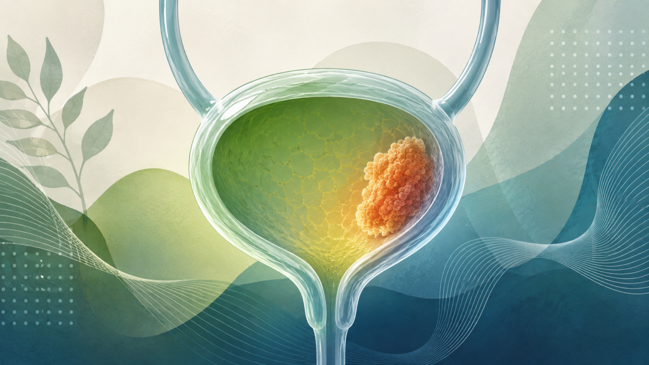 Illustration of T1 bladder cancer in Melbourne showing a tumour confined to the bladder lining and supporting tissue.