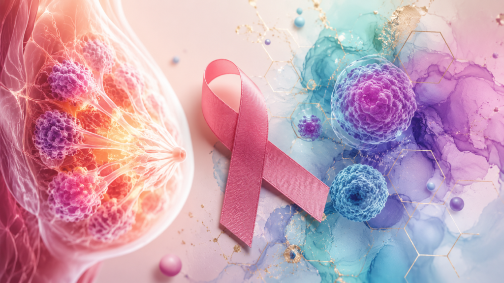 Medical illustration of breast cancer cells and a pink awareness ribbon representing triple-positive HER2-positive breast cancer.