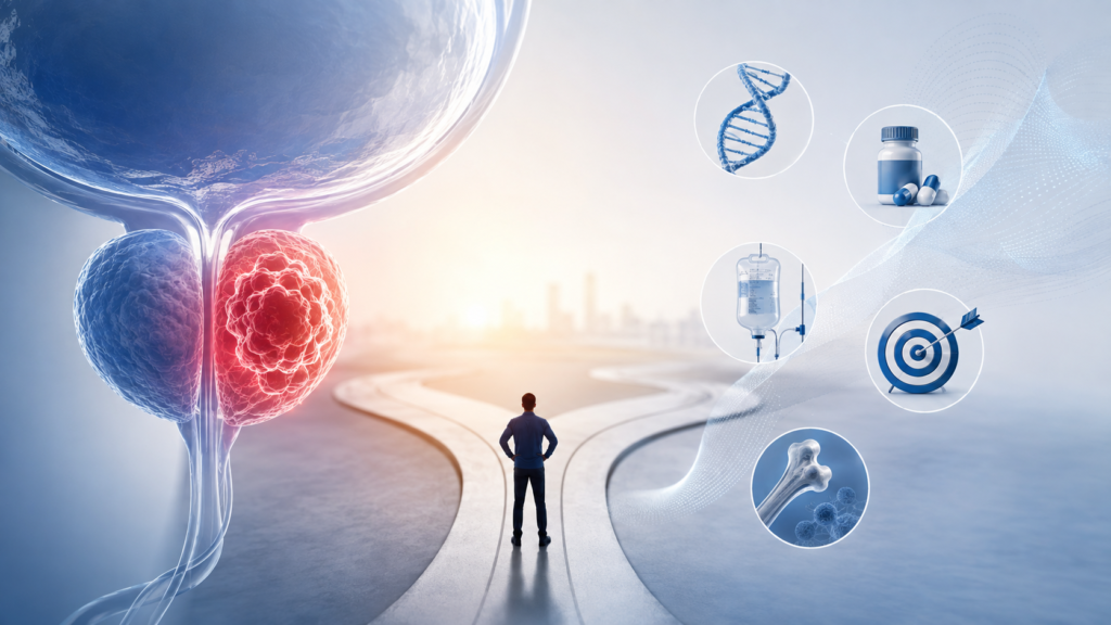 Illustration of treatment planning for metastatic prostate cancer after hormone tablets, showing prostate cancer, a patient at a treatment crossroads, and options including genetic testing, chemotherapy, PSMA-targeted therapy and bone care.