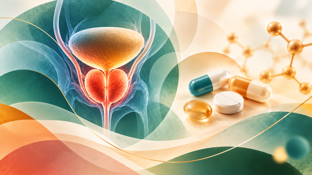 Hormone treatment after prostate cancer surgery illustrated with prostate anatomy and hormone therapy medications.